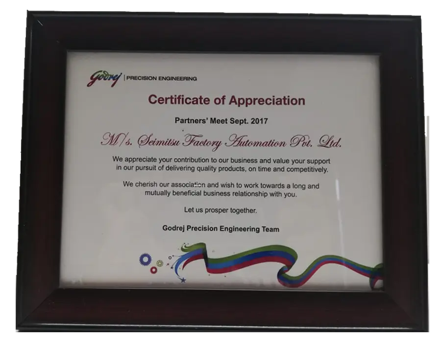 Appreciation certificate from Godrej in 2017